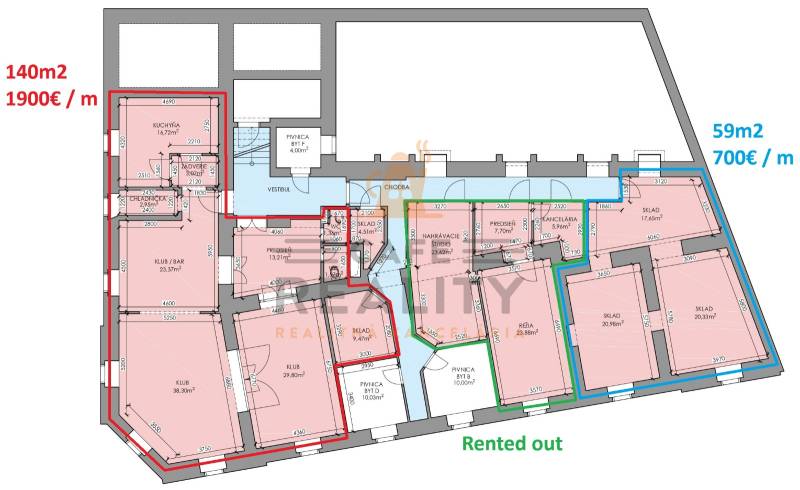 Floor plan of commercial spaces with rental areas and technical rooms.