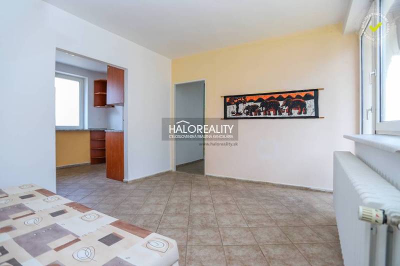The interior of a family house with a tiled floor, a painting of elephants, and a view into the kitchen.