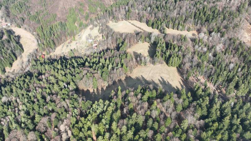 Aerial view of agricultural and forest land in Lazy pod Makytou with forests and meadows.