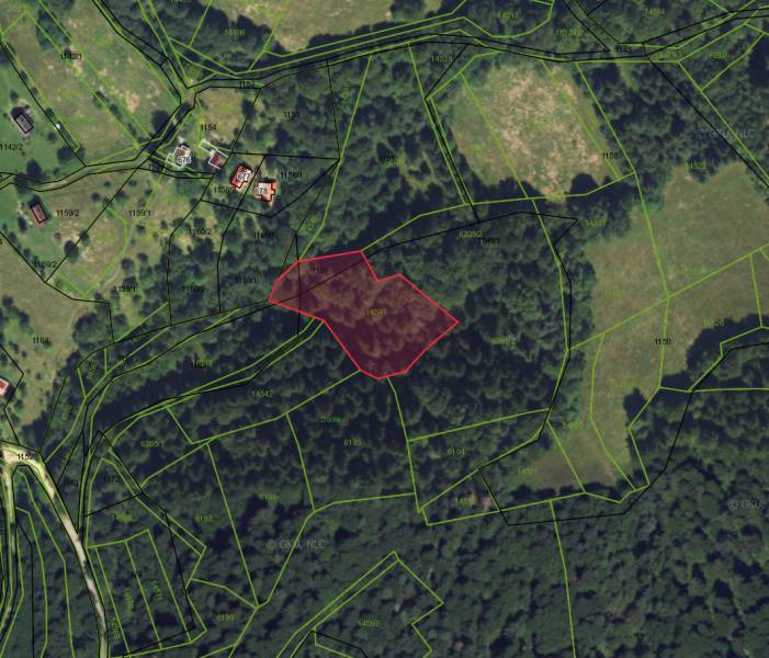 Satellite map of agricultural and forest land in Lazy pod Makytou, with the parcel marked.