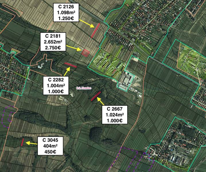 Aerial view of the distribution of agricultural and forest land in Hozelec.