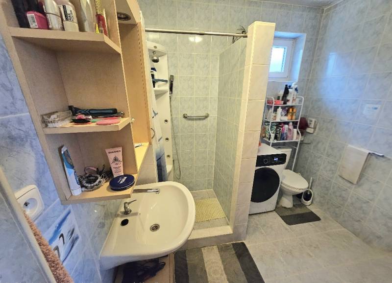 A bathroom in a family house with a sink, shower, washing machine, and an open shelf with cosmetics.