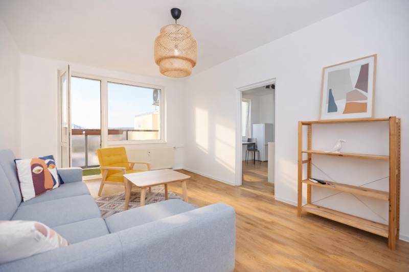 A bright living room in a three-room apartment with wood-patterned flooring and designer accessories.