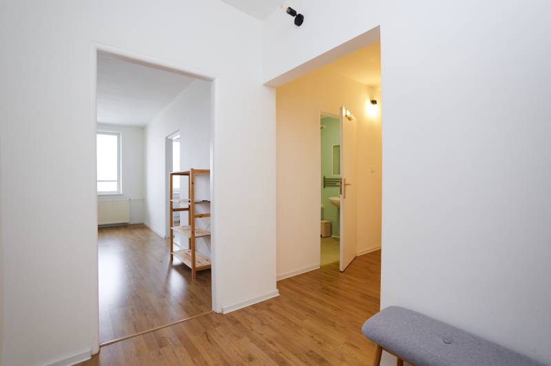 Interior of a 3-room apartment with a wooden decor floor, includes a hallway and a bathroom.