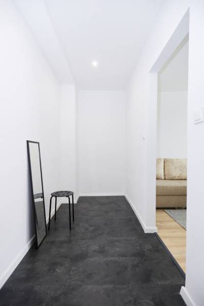 A narrow hallway in a 2-room apartment with a black floor and a mirror.