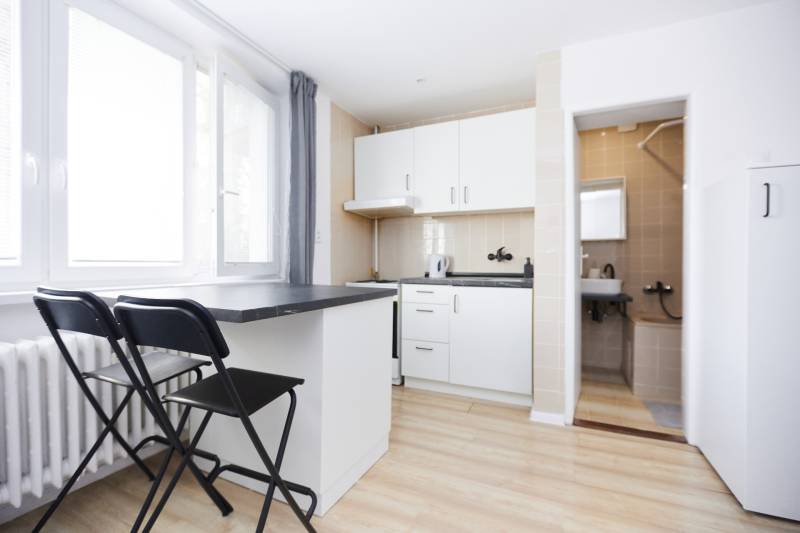 A kitchen in a 2-room apartment with a bar counter and a floor with a wood decor.
