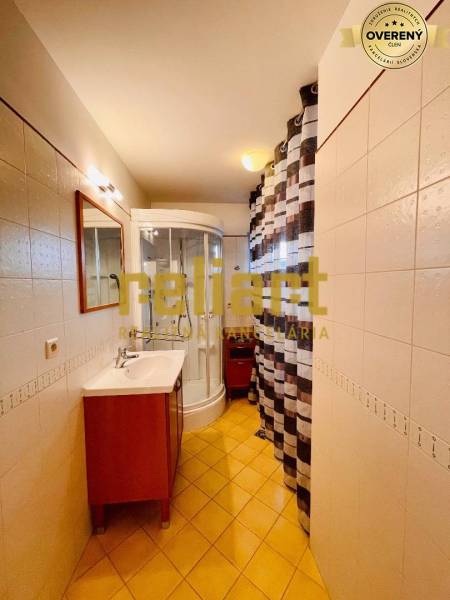 Bathroom in a family house with a sink, shower, and tiles.