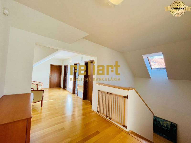 A hallway with a wooden decor floor, a skylight, and doors in a family house.