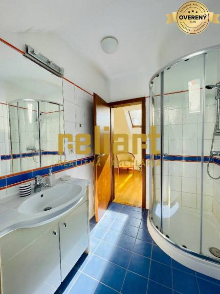 Bathroom with a shower and a sink, wooden decor flooring in a family house.