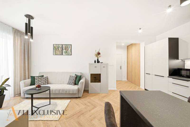 Living room in a 4-room apartment with a wooden decor floor and minimalist decoration.