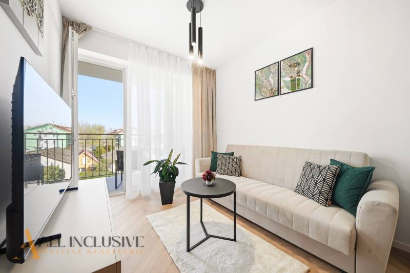 Living room in a 4-room apartment with a balcony, sofa, and wooden decor flooring.