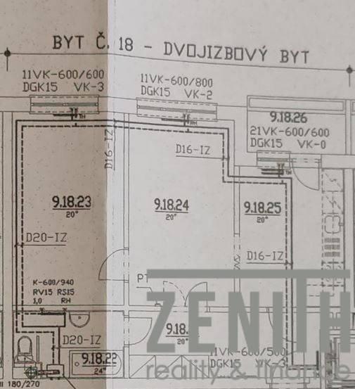 Floor plan of a 2-room apartment with highlighted areas of individual rooms.