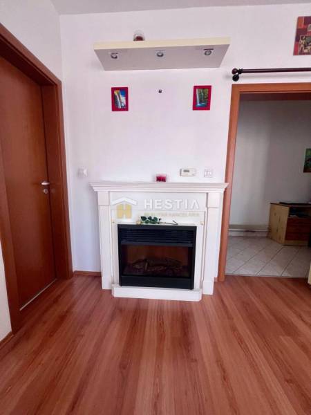 A fireplace in an interior with wooden flooring and doors, located in a studio apartment.