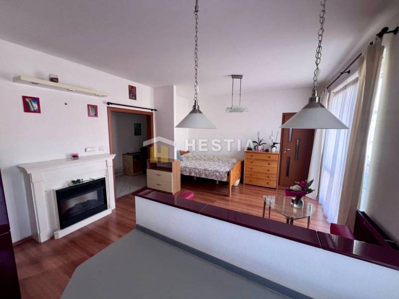 1-bedroom apartment with a fireplace, pendant lights, and wooden furniture, ideal for rent.