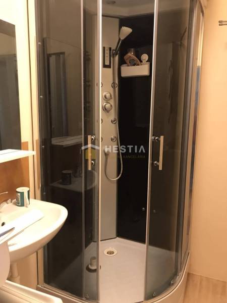 Bathroom with a shower and a sink in a 2-room apartment.