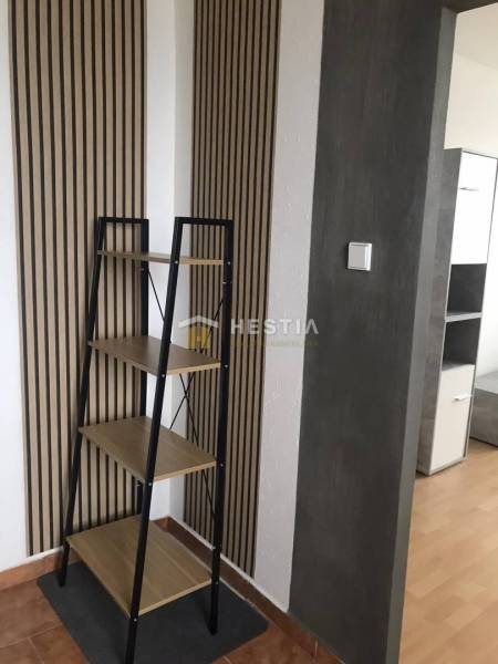 Interior of a 2-room apartment with a shelf and walls with wooden decor.
