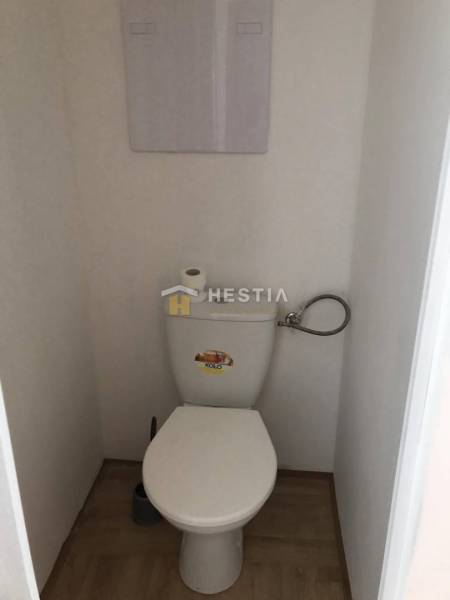 A toilet with a wooden decor floor in a 2-room apartment.