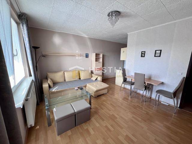 Living room in a two-room apartment with a wooden decor floor.