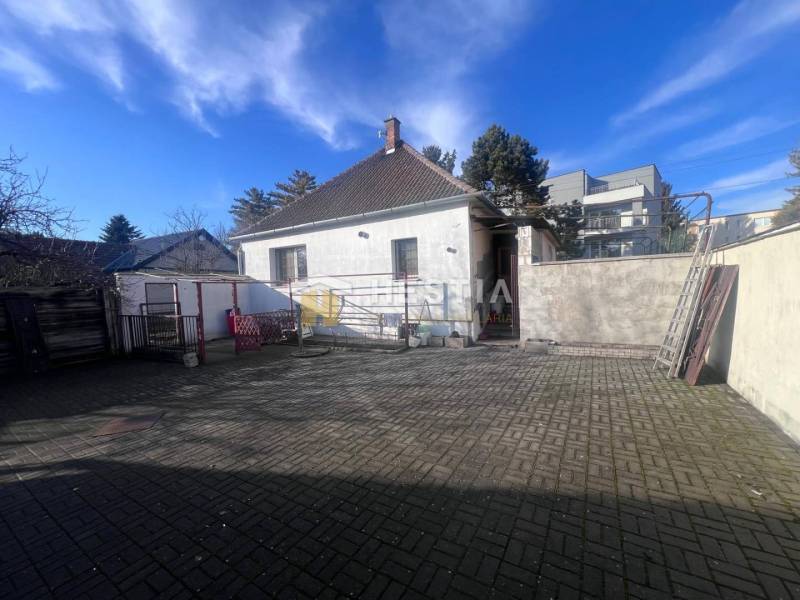 Courtyard exterior with concrete paving and a family house in the town of Senica, presented as gastro premises.