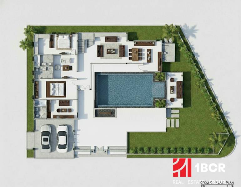 Floor plan of a villa in Pattaya with a pool, garden, terrace, and double garage.