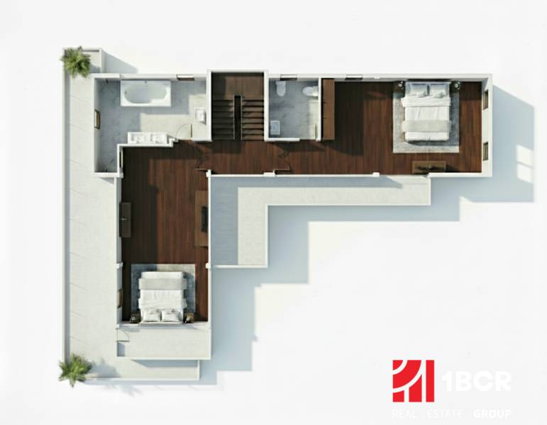 Floor plan of a villa with two bedrooms and a bathroom, utilizing a wood-patterned floor.