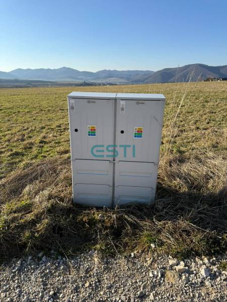 Electrical switchboards on residential plots in Borie in Stránske, green meadows, mountains.