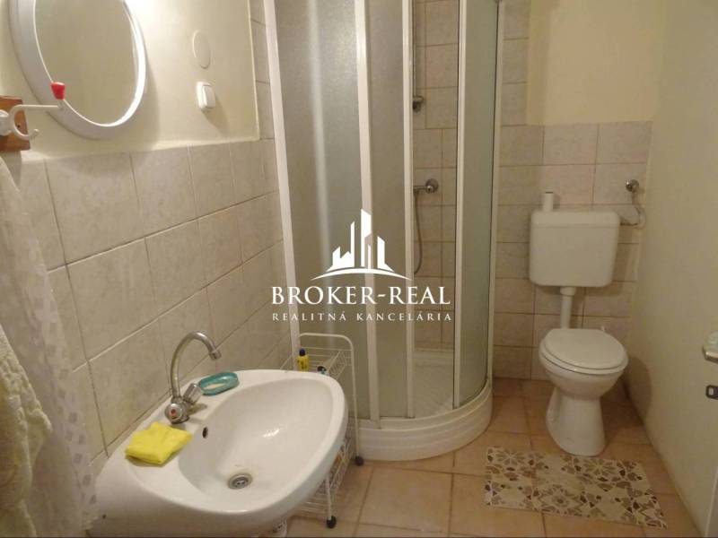 A bathroom in a family house with a sink, shower, and toilet.