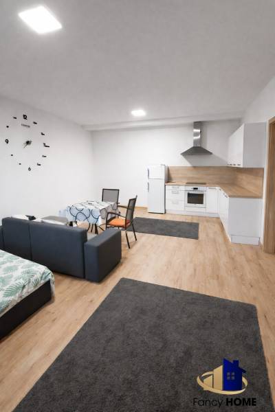 Living room in a two-room apartment with a kitchenette and a floor with a wooden decor.