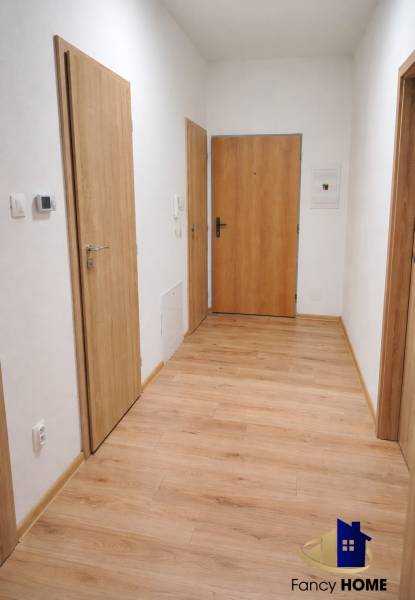 A hallway with a wooden decor floor and wooden doors in a 2-room apartment.