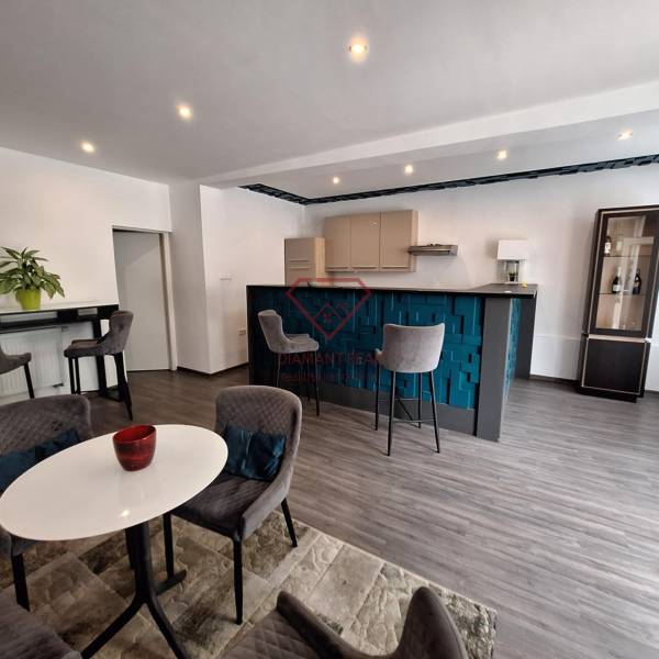The interior of a family house with a bar counter, dining table, and comfortable chairs.