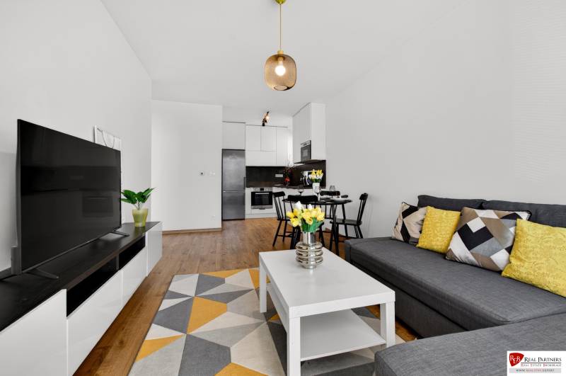 Living room in a two-room apartment with a sofa, table, and wooden decor flooring.