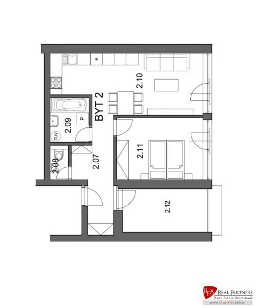 Floor plan of a 2-room apartment with a kitchen, living room, bathroom, and balcony.