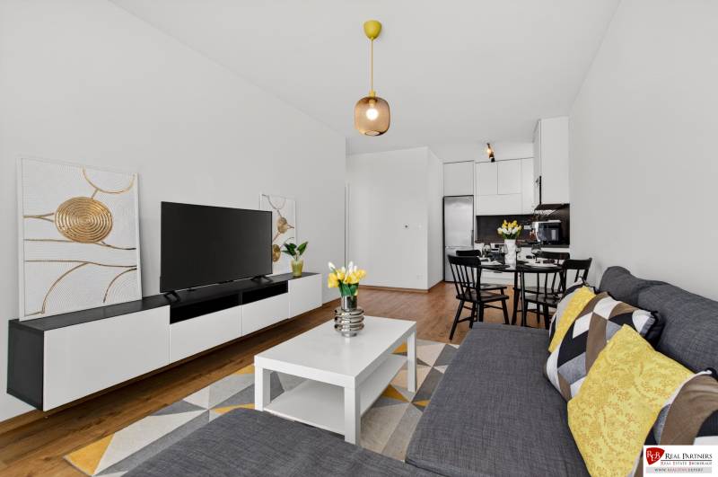 Living room in a two-room apartment with a wooden decor floor, a sofa, and a television.