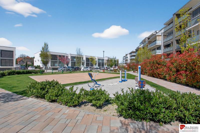 Outdoor gym between apartment buildings in Dunajská Lužná on Orechová Street.