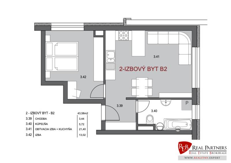 Floor plan of a 2-room apartment with a kitchen and bathroom, bright layout of rooms.
