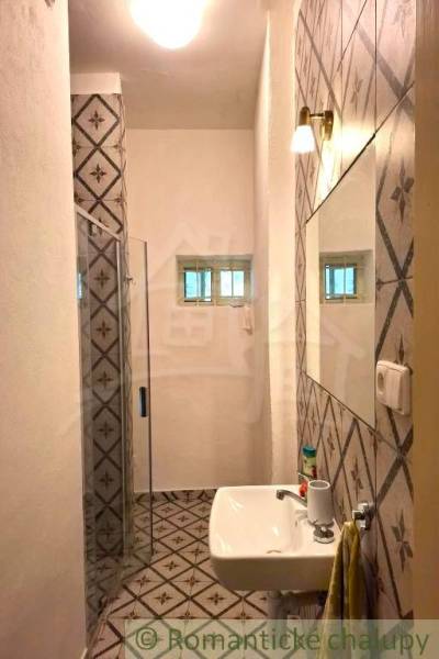 A bathroom with patterned tiles in a family house.