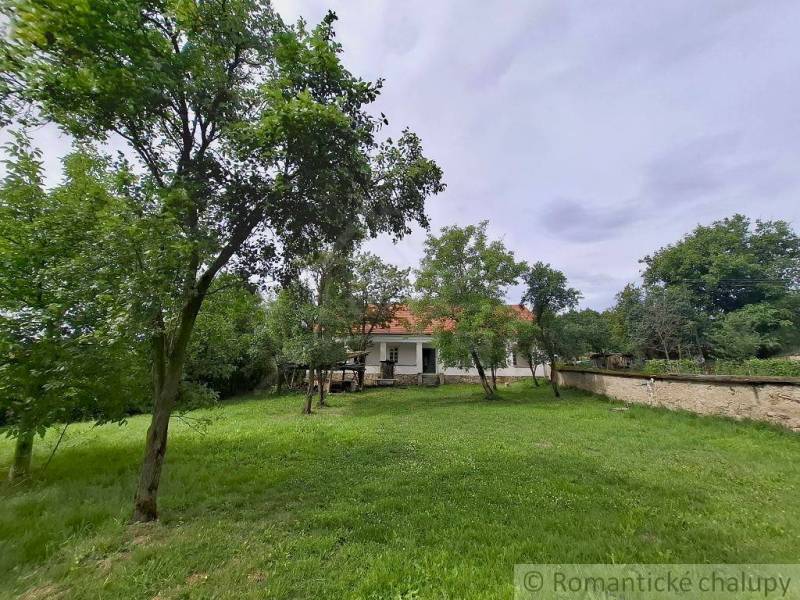 A family house in Dobroč with a spacious garden, surrounded by trees and a stone fence.