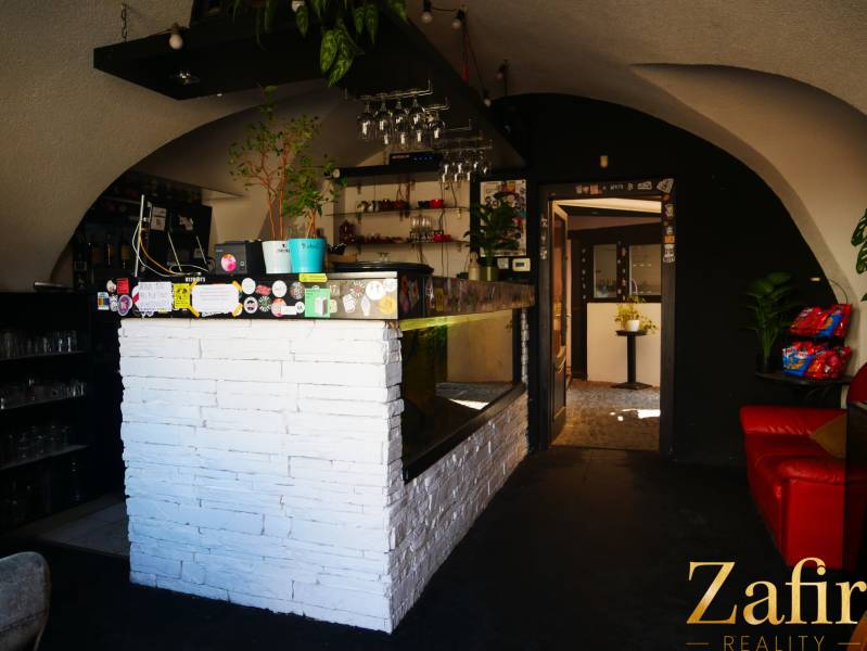 Interior of a gastro space with a white bar, plants, and comfortable seating.