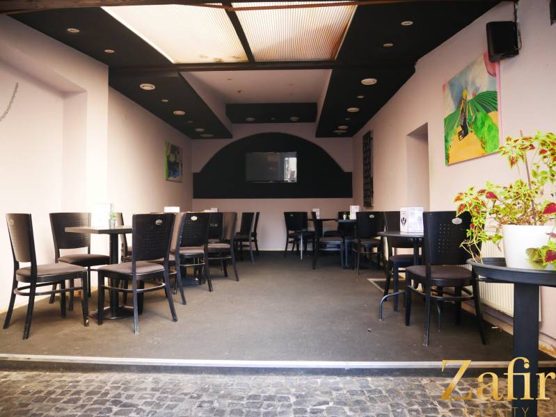 Interior of dining spaces with seating, decorations, and a houseplant.