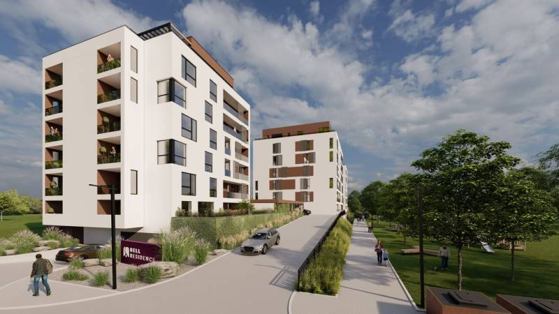 New building and greenery on Suchoňova Street in Poprad next to a 4-room apartment.