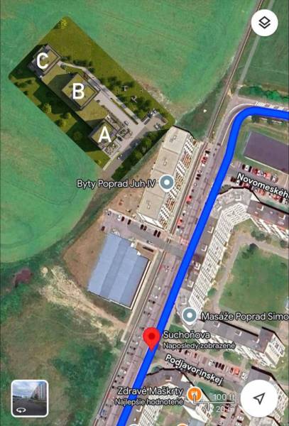 Aerial view of Suchoňova Street in Poprad with an apartment layout.