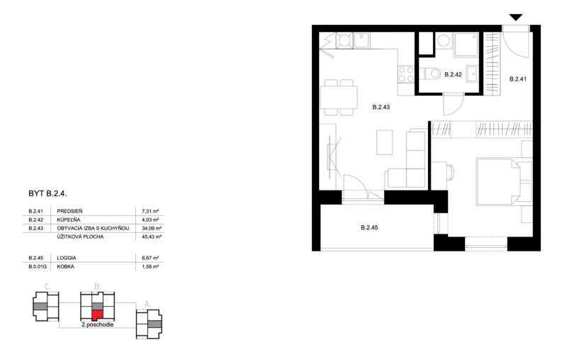 Floor plan of a 2-room apartment with a loggia, bathroom, and living room with kitchen.