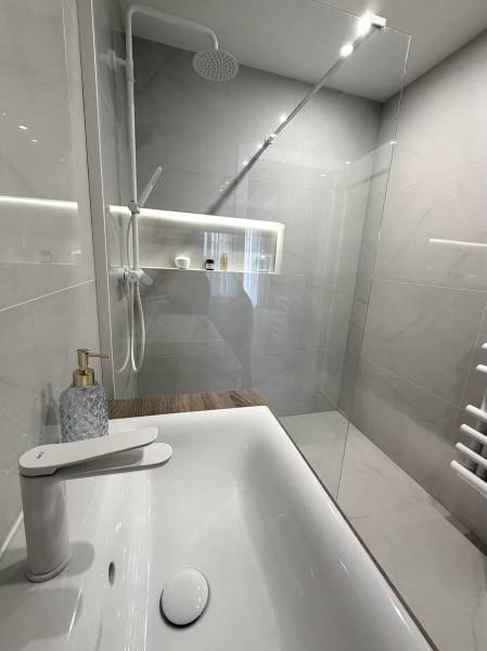 Bathroom with a shower and a sink in a 2-room apartment with a wooden decor floor.