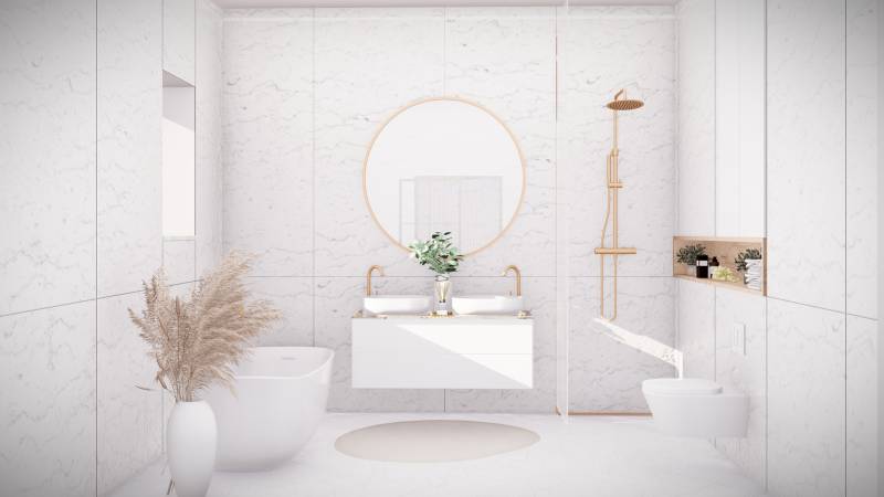Luxury bathroom with a bathtub and double sink, white marble in a 4-room apartment.