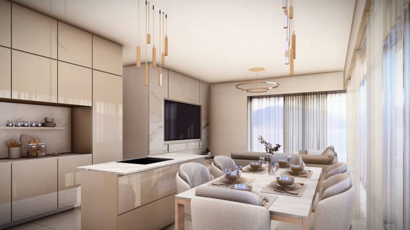 Dining area with a large table and hanging lights in a 4-room apartment.