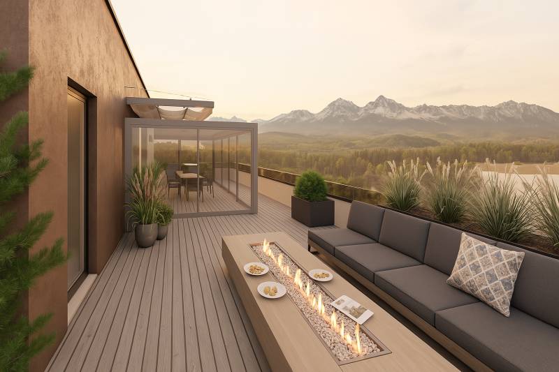 Outdoor terrace of a 4-room apartment on Suchoňova Street in Poprad with a view of the mountains.