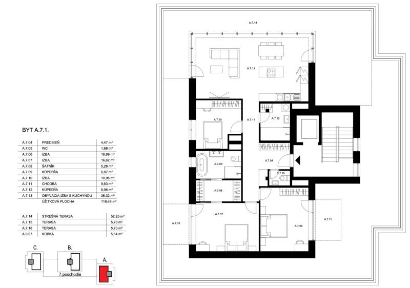 The floor plan of a 4-room apartment shows the arrangement of rooms, kitchen, bathrooms, and terraces.