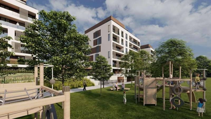 Modern architecture with a playground in front of a 4-room apartment on Suchoňova Street, Poprad.