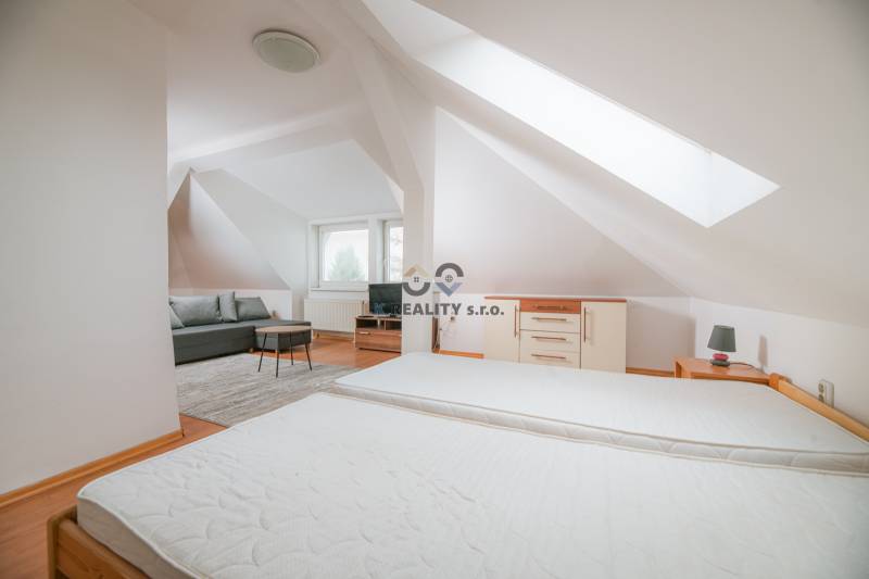 Interior of a 2-room apartment with a bed, sofa, and floor with wooden decor.