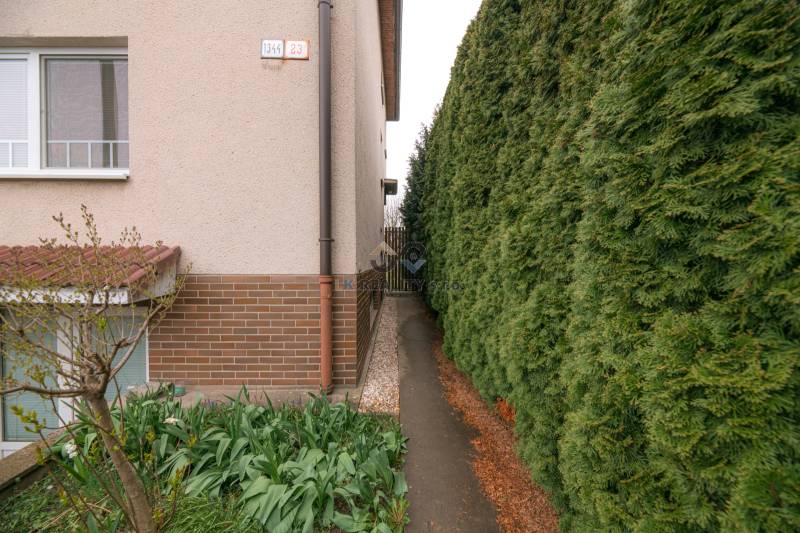 Near Osloboditeľov Street in Trenčín, there is a sidewalk next to a well-maintained hedge.